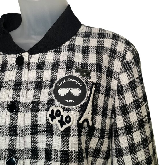 Karl Lagerfeld Paris Black White Gingham Check Tweed Bomber Jacket XL (Estimated - Picture 9 of 9